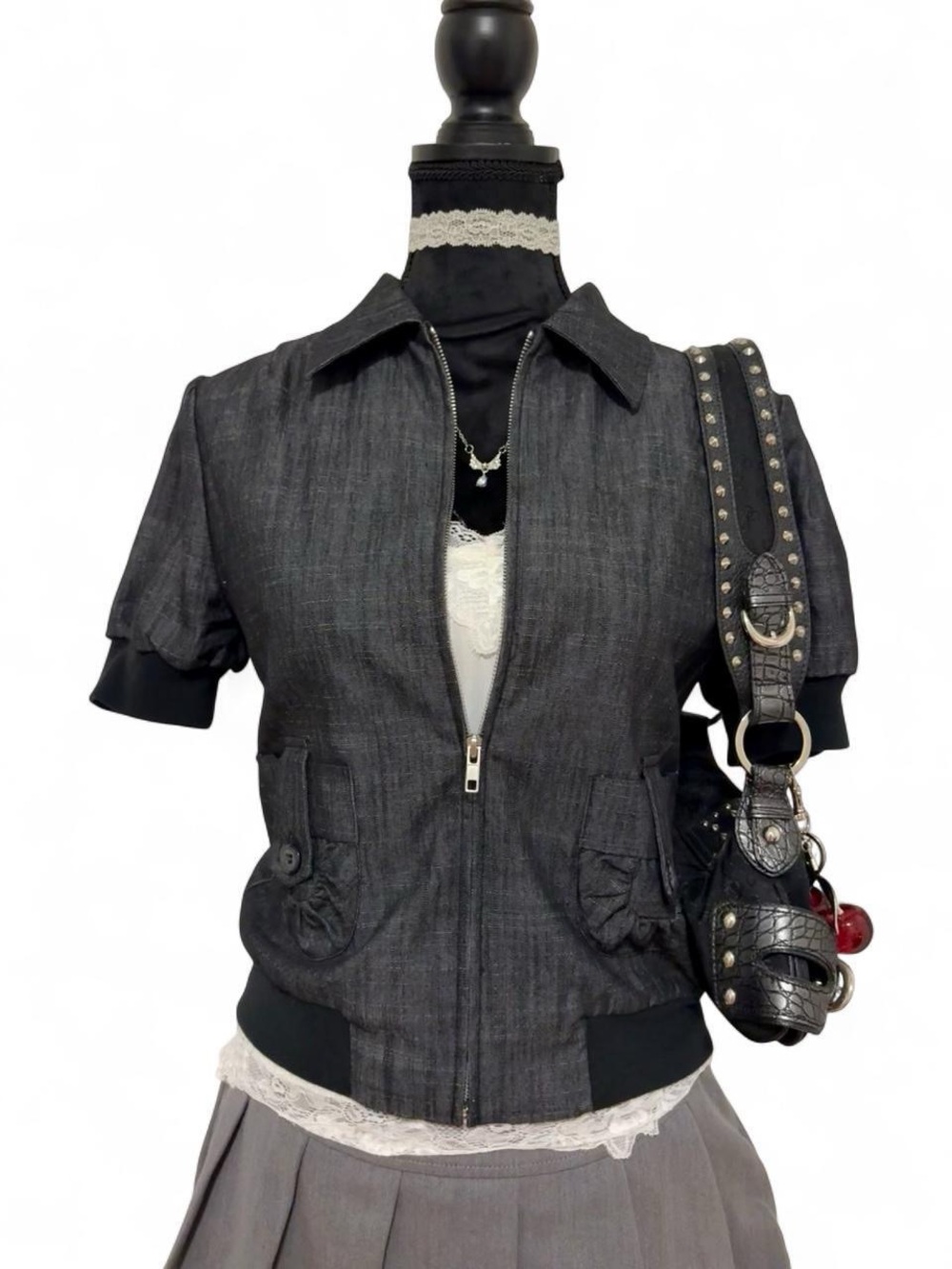 Women’s Short Sleeve Zip Front Jacket in Charcoal Gray